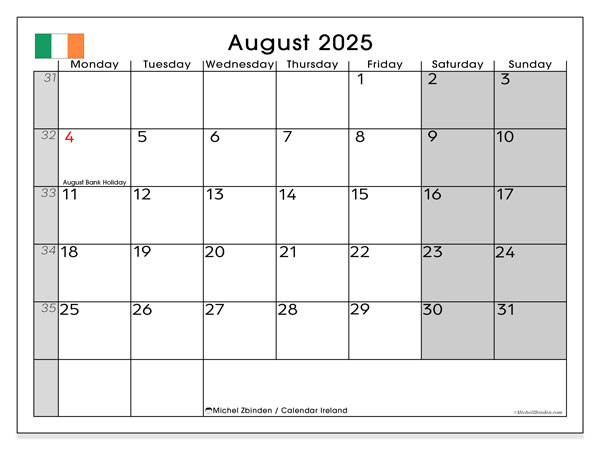 Tulostettava kalenteri, elokuu 2025, Irlanti