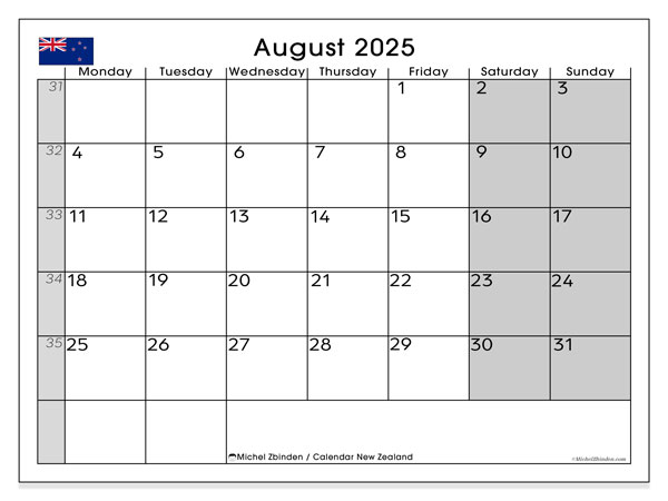 Kalender for utskrift, august 2025, New Zealand (MS)
