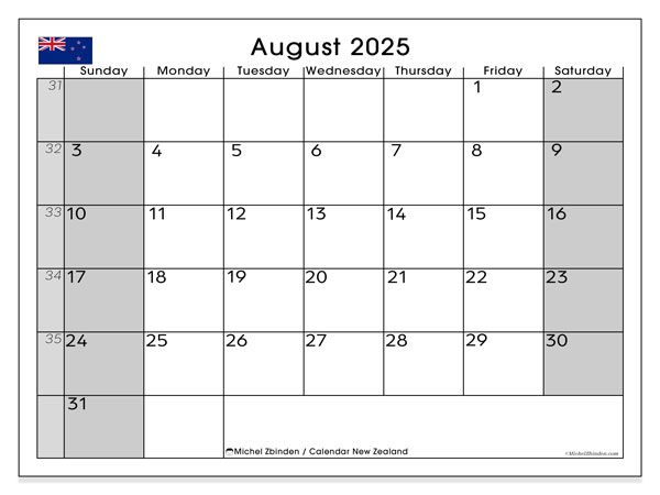 Kalender for utskrift, august 2025, New Zealand (SS)