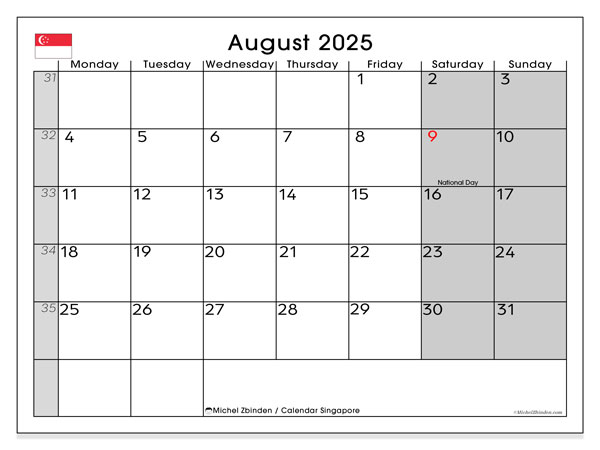 Kalender for utskrift, august 2025, Singapore (MS)