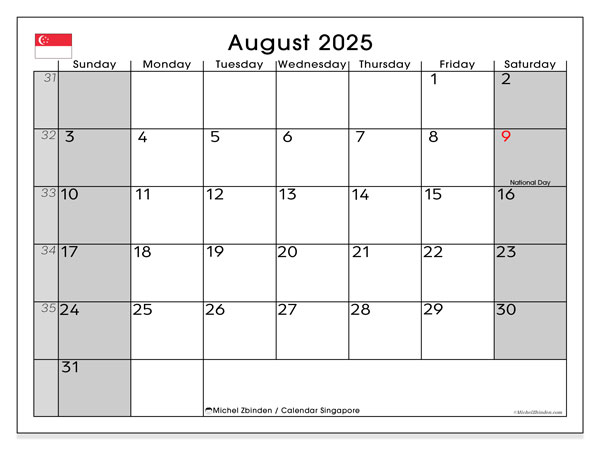 Tulostettava kalenteri, elokuu 2025, Singapore (SS)