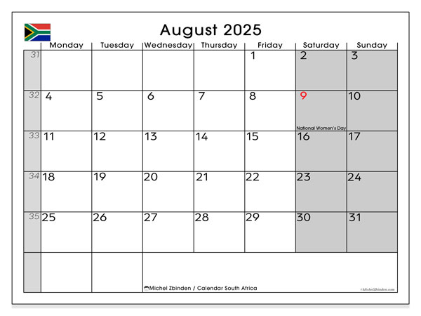 Kalender om af te drukken, augustus 2025, Zuid-Afrika (MS)