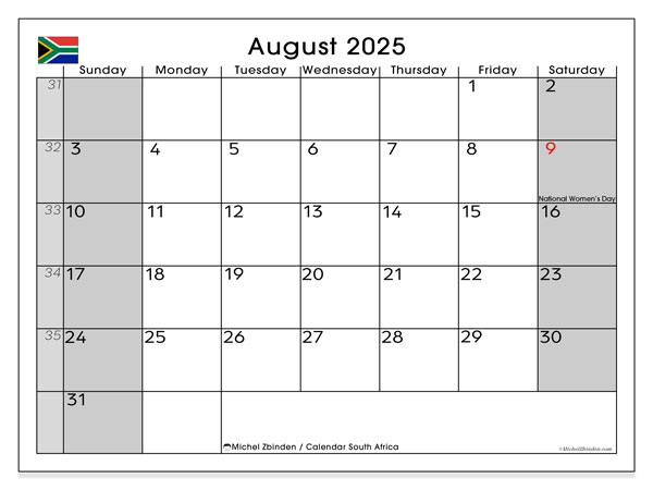 Calendario da stampare, agosto 2025, Sudafrica (SS)