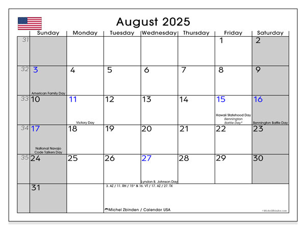 Kalender for utskrift, august 2025, USA (EN)