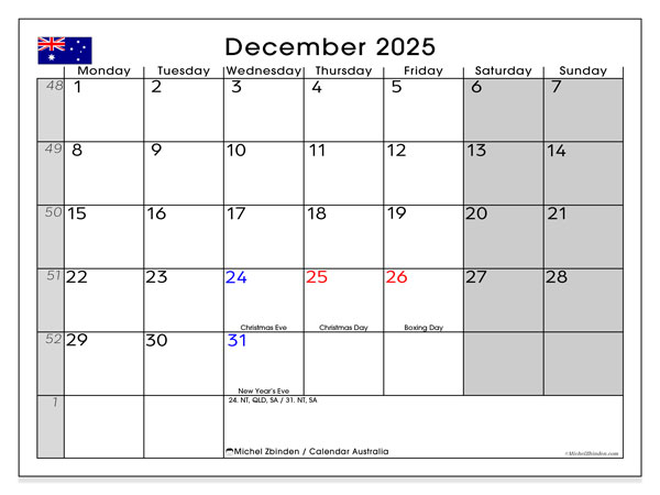 Kalender zum Ausdrucken, Dezember 2025, Australien (MS)