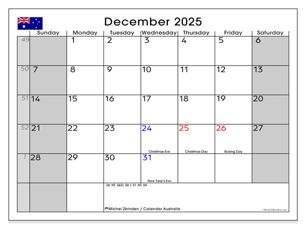 Kalender zum Ausdrucken, Dezember 2025, Australien (SS)