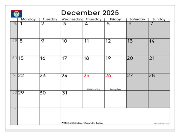 Kalender zum Ausdrucken, Dezember 2025, Belize (MS)