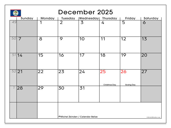 Kalender zum Ausdrucken, Dezember 2025, Belize (SS)