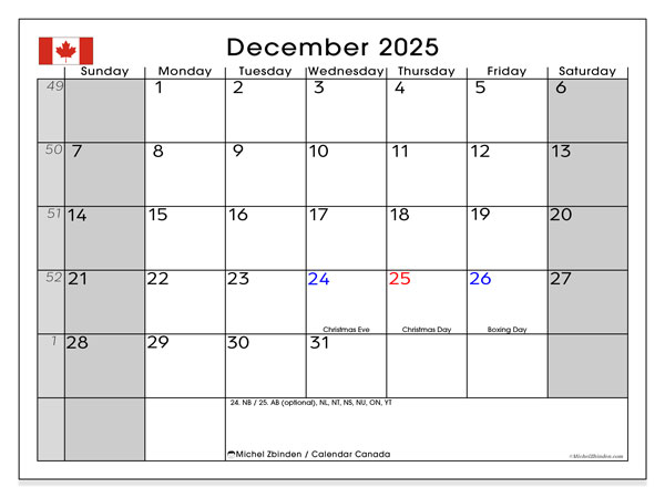 Printable calendar, December 2025, Canada