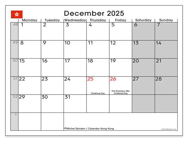 Kalender zum Ausdrucken, Dezember 2025, Hongkong (MS)