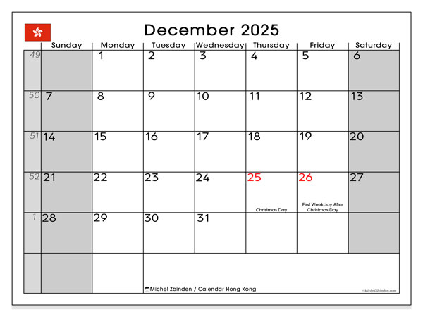 Kalendarz do druku, grudzień 2025, Hongkong (SS)