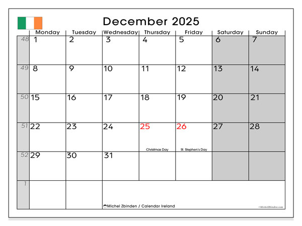 Calendrier à imprimer, decembrie 2025, Irlanda