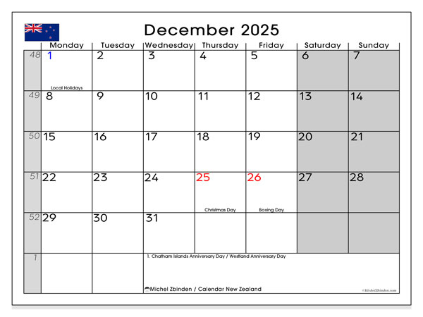 Tulostettava kalenteri, joulukuu 2025, Uusi-Seelanti (MS)