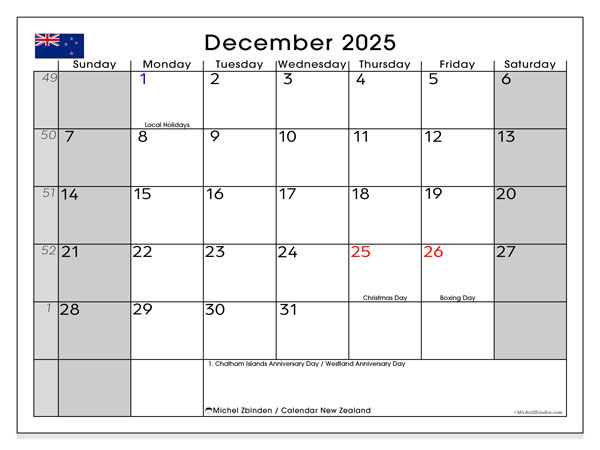 Kalender til udskrivning, december 2025, New Zealand (SS)
