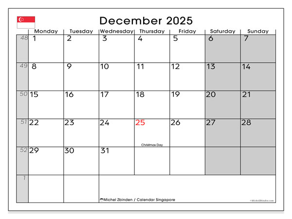 Tulostettava kalenteri, joulukuu 2025, Singapore (MS)