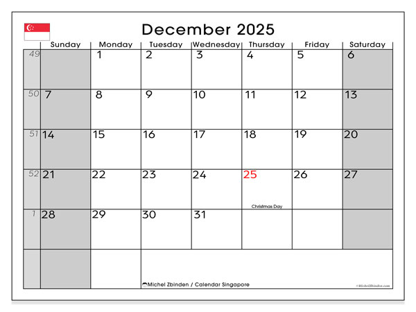 Tulostettava kalenteri, joulukuu 2025, Singapore (SS)