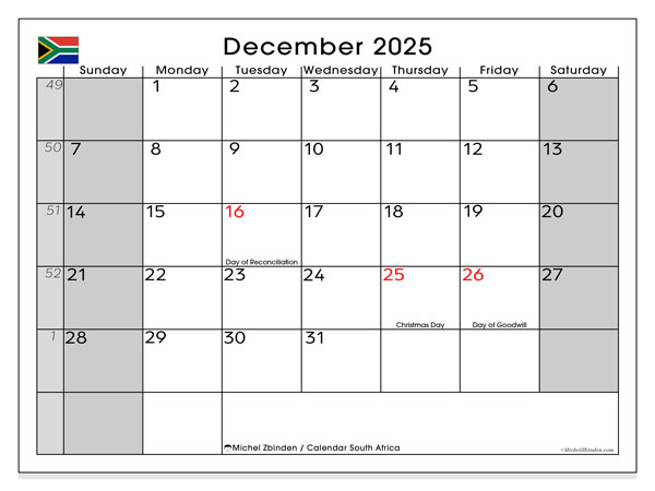 Tulostettava kalenteri, joulukuu 2025, Etelä-Afrikka (SS)