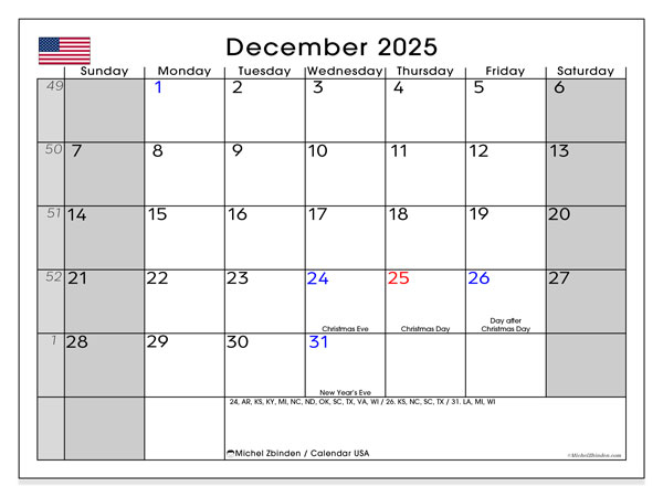Kalender zum Ausdrucken, Dezember 2025, Vereinigte Staaten (EN)