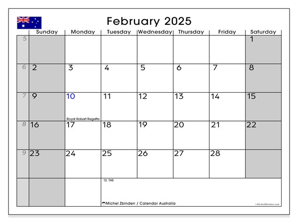 Tulostettava kalenteri, helmikuu 2025, Australia (SS)