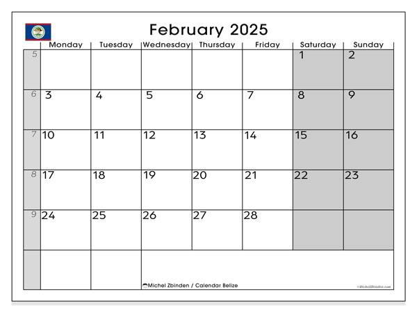 Calendario febbraio 2025 “Belize”. Piano da stampare gratuito.. Da lunedì a domenica