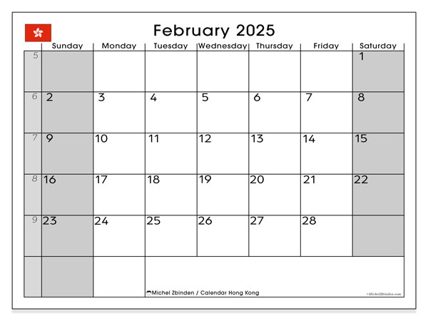 Kalender februar 2025 “Hong Kong”. Gratis program for utskrift.. Søndag til lørdag