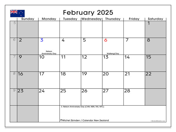 Kalender februari 2025 “Nya Zeeland”. Gratis utskrivbart program.. Söndag till lördag