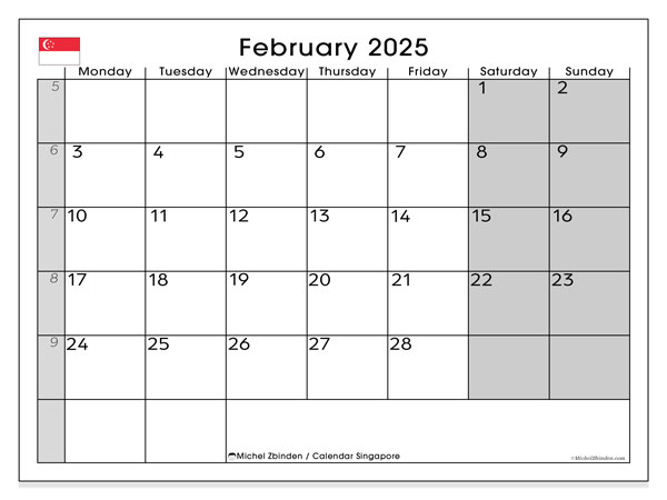 Kalender for utskrift, februar 2025, Singapore (MS)