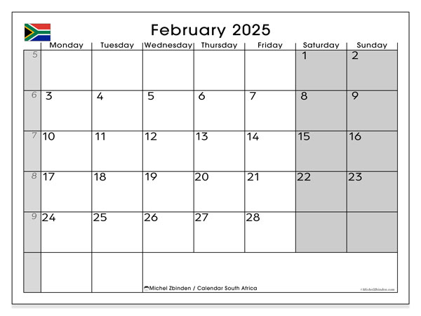 Kalender februari 2025 “Sydafrika”. Schema för gratis utskrift.. Måndag till söndag