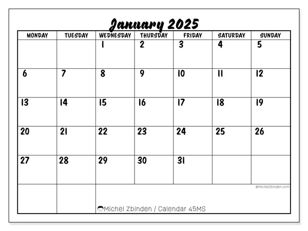 Calendar January 2025 “45”. Free printable plan.. Monday to Sunday