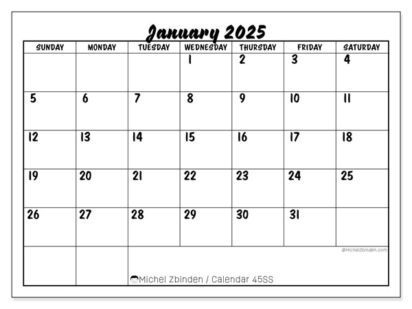 Calendar January 2025 “45”. Free printable plan.. Sunday to Saturday