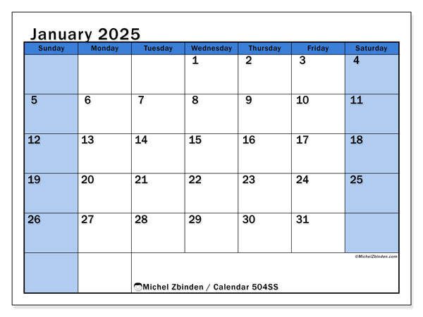 Calendar January 2025 “504”. Free printable plan.. Sunday to Saturday