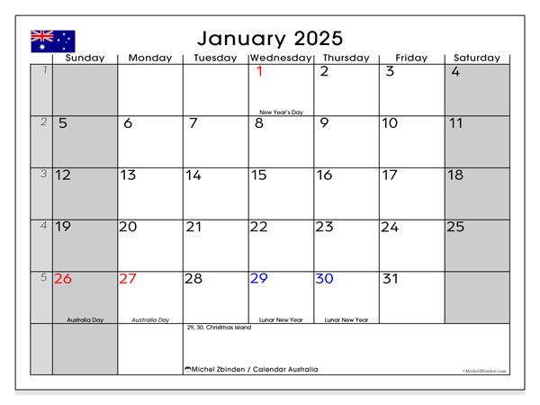 Kalender om af te drukken, januari 2025, Australië (SS)