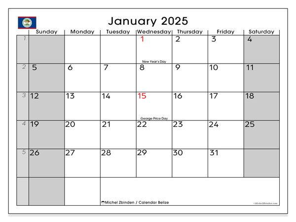 Kalenteri tammikuu 2025 “Belize”. Ilmainen tulostettava aikataulu.. Sunnuntaista lauantaihin