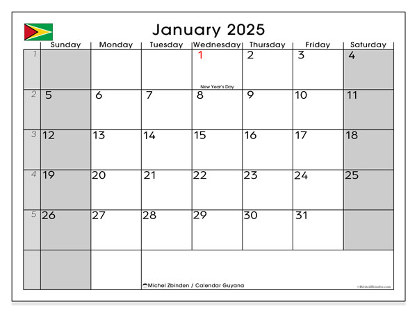 Printable calendar, January 2025, Guyana (SS)