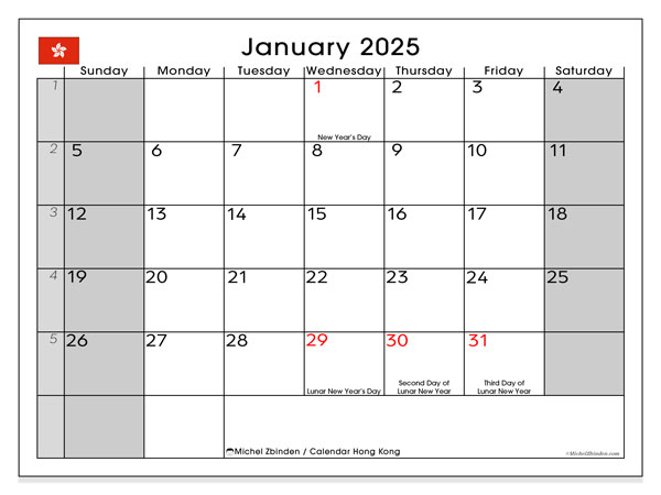 Kalender januar 2025 “Hong Kong”. Gratis kalender til print.. Søndag til lørdag