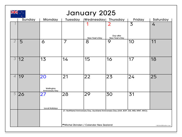 Tulostettava kalenteri, tammikuu 2025, Uusi-Seelanti (SS)