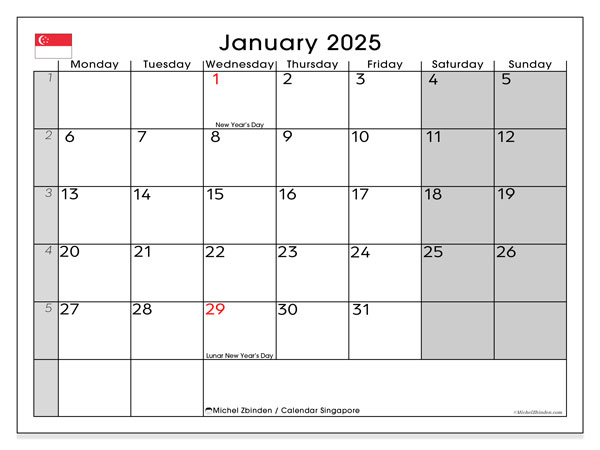 Kalender januar 2025 “Singapore”. Gratis plan til print.. Mandag til søndag