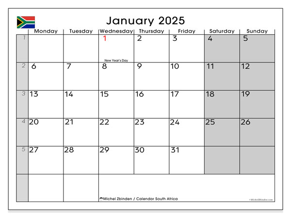 Kalender januari 2025 “Sydafrika”. Gratis kalender som kan skrivas ut.. Måndag till söndag