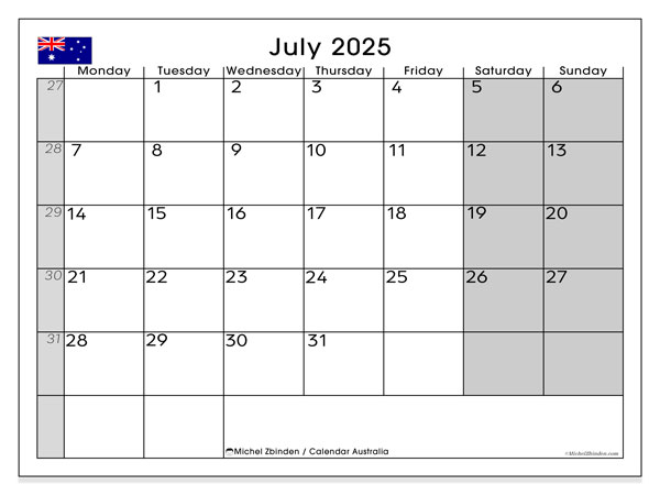 Tulostettava kalenteri, heinäkuu 2025, Australia (MS)