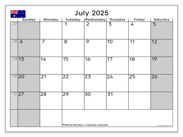 Kalendarz do druku, lipiec 2025, Australia (SS)