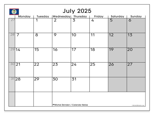 Kalendarz do druku, lipiec 2025, Belize (MS)