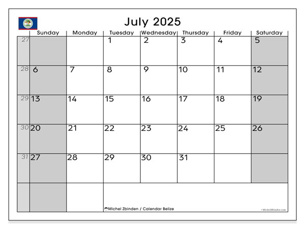Tulostettava kalenteri, heinäkuu 2025, Belize (SS)