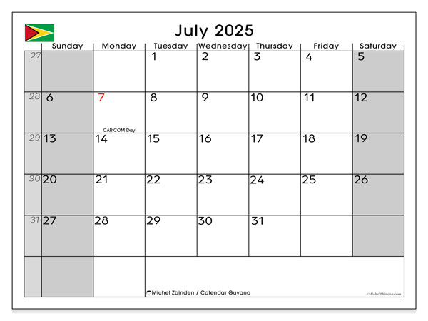Printable calendar, July 2025, Guyana (SS)