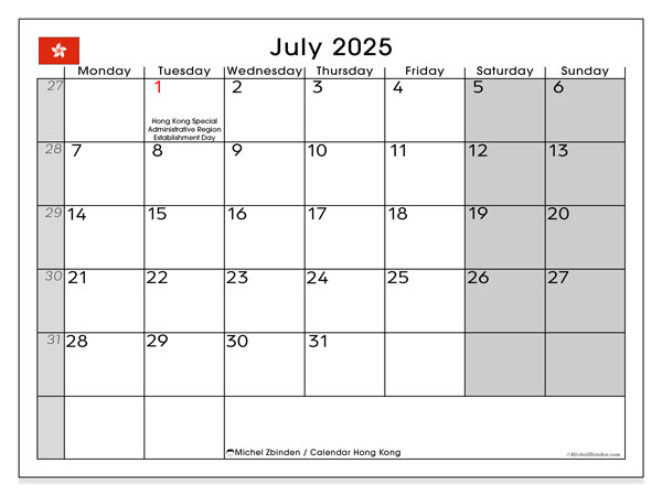 Tulostettava kalenteri, heinäkuu 2025, Hong Kong (MS)