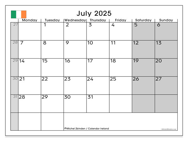 Kalender zum Ausdrucken, Juli 2025, Irland