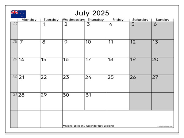 Kalender til udskrivning, juli 2025, New Zealand (MS)
