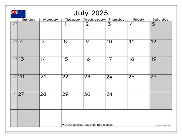 Kalendarz do druku, lipiec 2025, Nowa Zelandia (SS)