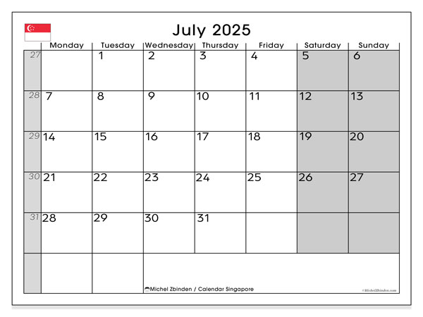 Tulostettava kalenteri, heinäkuu 2025, Singapore (MS)