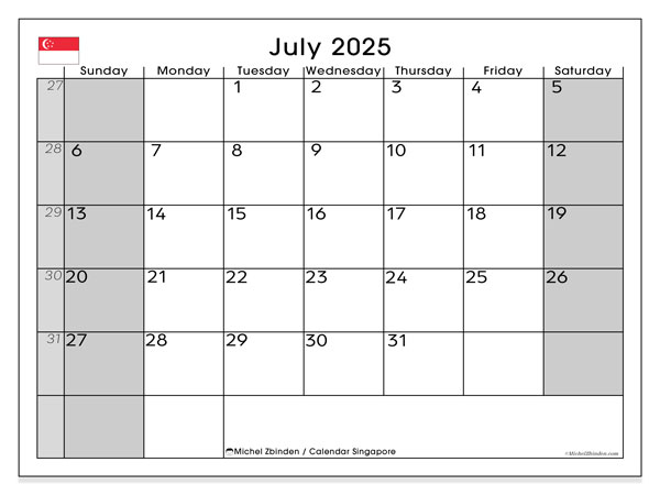 Tulostettava kalenteri, heinäkuu 2025, Singapore (SS)