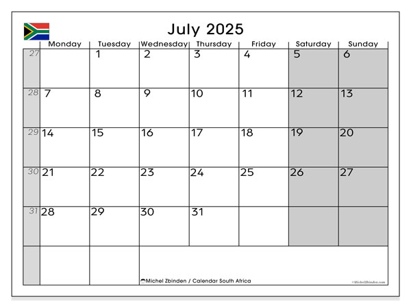 Tulostettava kalenteri, heinäkuu 2025, Etelä-Afrikka (MS)